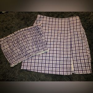 SHEIN Shirred Plaid Bandeau Top & Slit Hem Skirt Set